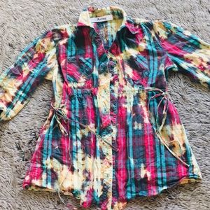 ARTINE 3/4 sleeve cotton checkered shirt waist drawstring size XSmall